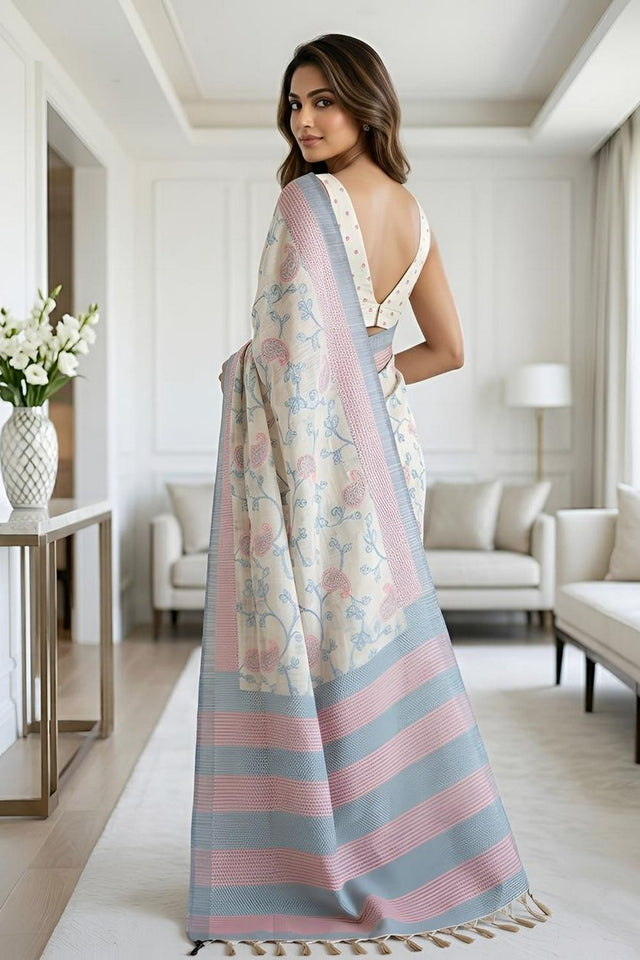 Blue Floral Woven Cotton Silk Saree (ACA8937)