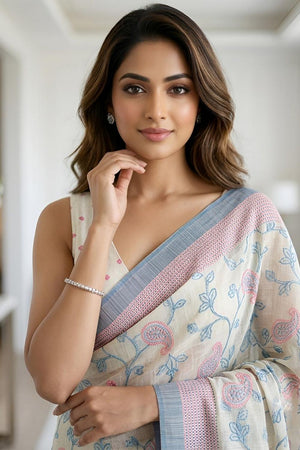 Blue Floral Woven Cotton Silk Saree (ACA8937)