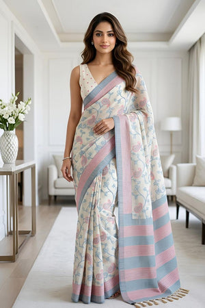 Blue Floral Woven Cotton Silk Saree (ACA8937)