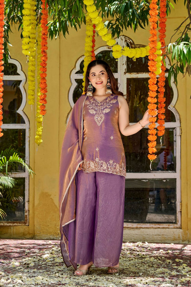 Purple Sequin with Embroidered Satin Palazzo Suit (ACA8938)