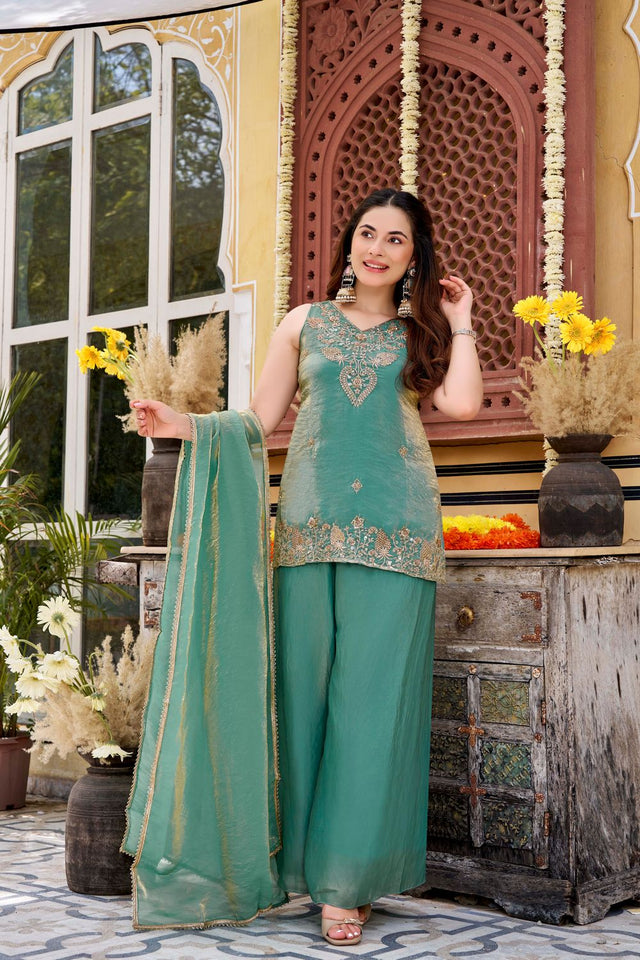 Sea Green Sequin with Embroidered Satin Palazzo Suit (ACA8939)