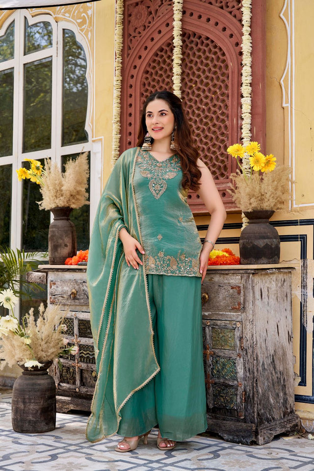 Sea Green Sequin with Embroidered Satin Palazzo Suit (ACA8939)