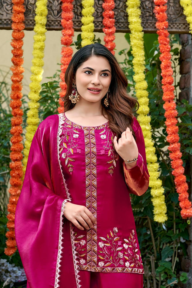 Pink Sequin with Embroidered Satin Palazzo Suit (ACA8940)