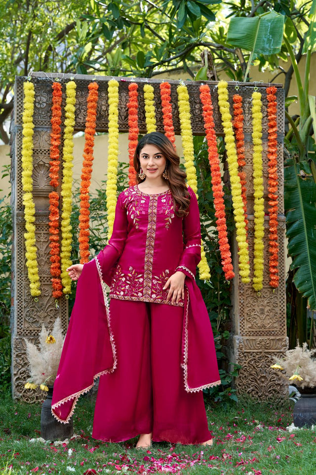 Pink Sequin with Embroidered Satin Palazzo Suit (ACA8940)