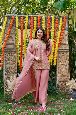 Pink Sequin with Embroidered Satin Palazzo Suit (ACA8941)