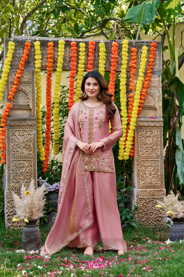 Pink Sequin with Embroidered Satin Palazzo Suit (ACA8941)