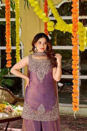 Purple Floral Embroidered Satin Palazzo Suit (ACA8942)