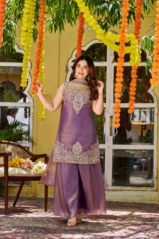 Purple Floral Embroidered Satin Palazzo Suit (ACA8942)