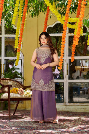 Purple Floral Embroidered Satin Palazzo Suit (ACA8942)