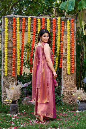 Pink Floral Embroidered Satin Palazzo Suit (ACA8943)