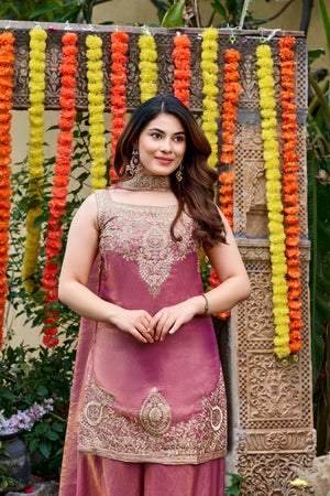 Pink Floral Embroidered Satin Palazzo Suit (ACA8943)