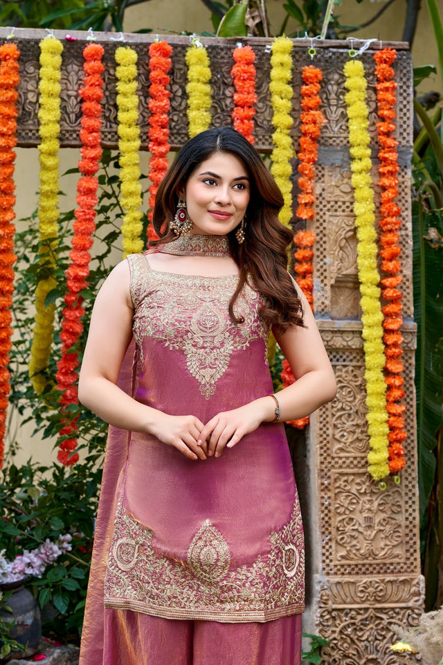 Pink Floral Embroidered Satin Palazzo Suit (ACA8943)