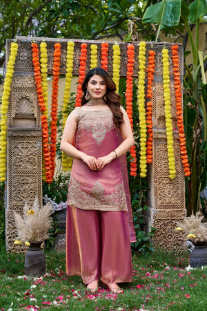 Pink Floral Embroidered Satin Palazzo Suit (ACA8943)