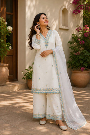 Off White Floral Embroidered Rayon Palazzo Suit (ACA8944)