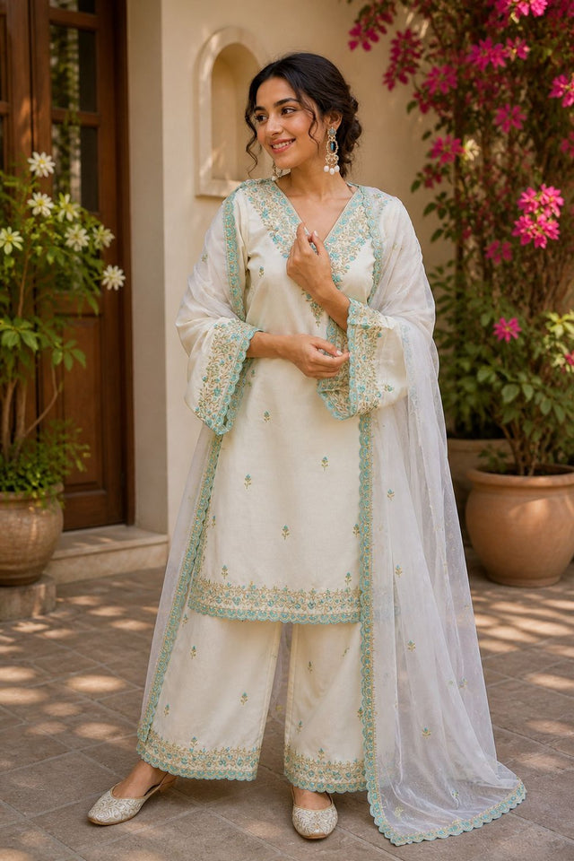 Off White Floral Embroidered Rayon Palazzo Suit (ACA8944)