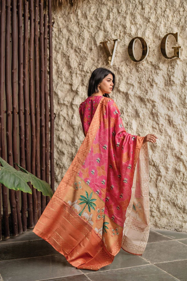 Pink Printed Crepe Kurti Pant Set (ACA8945)
