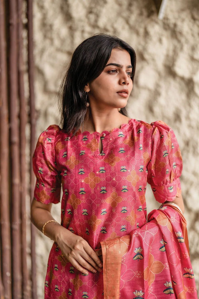 Pink Printed Crepe Kurti Pant Set (ACA8945)