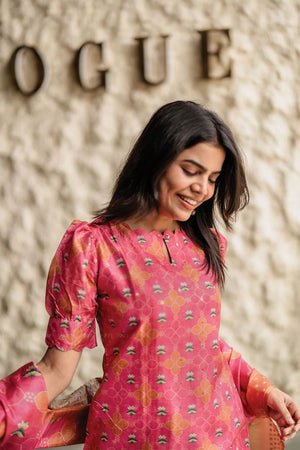 Pink Printed Crepe Kurti Pant Set (ACA8945)