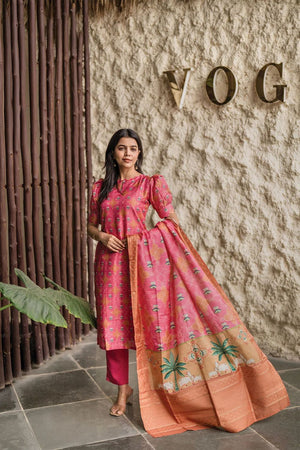 Pink Printed Crepe Kurti Pant Set (ACA8945)