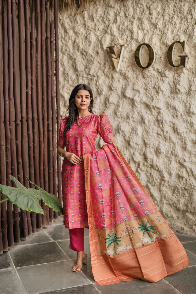 Pink Printed Crepe Kurti Pant Set (ACA8945)