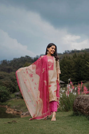 Pink Floral Printed Silk Kurti Pant Set (ACA8946)