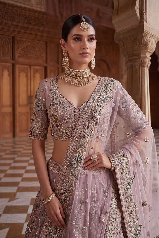 Pink Heavy Embroidered Net Lehenga (ACA8949)