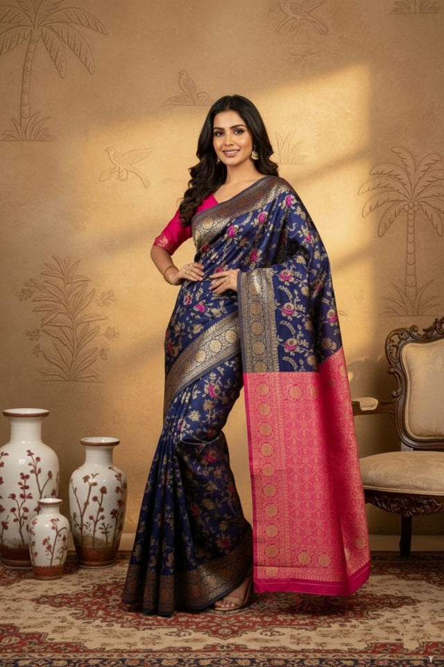 Navy Blue Woven Art Silk Saree (ACA8956)