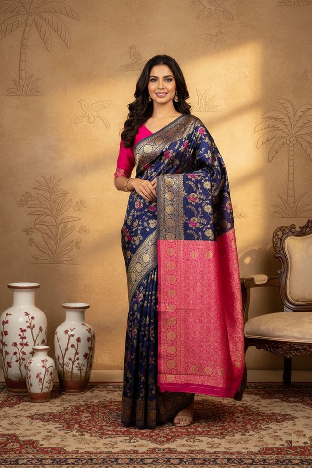 Navy Blue Woven Art Silk Saree (ACA8956)