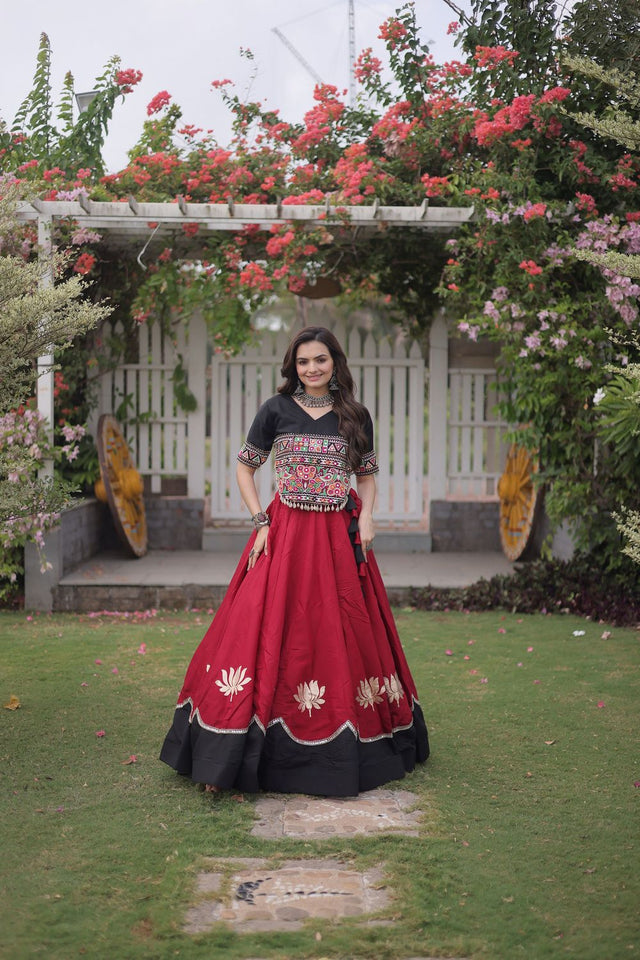 Maroon Embroidered with Mirror Lace Work Silk Lehenga (ACA8967)