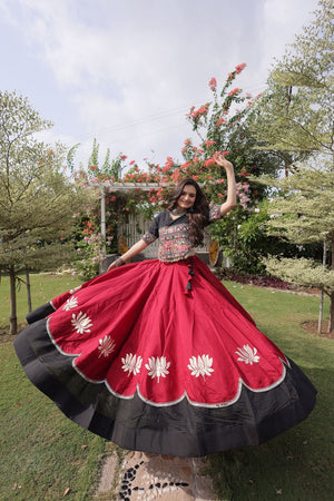 Maroon Embroidered with Mirror Lace Work Silk Lehenga (ACA8967)
