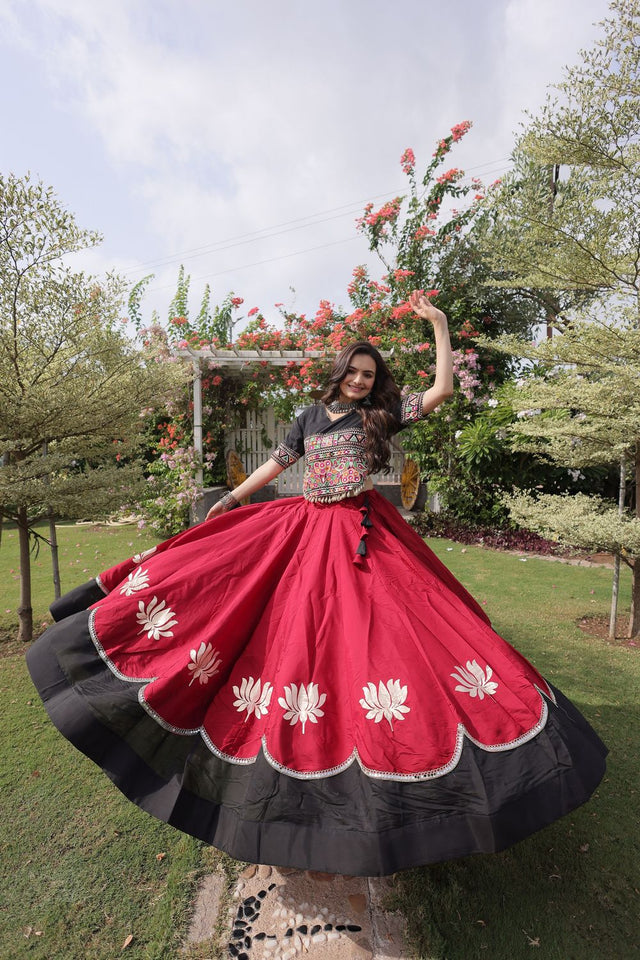 Maroon Embroidered with Mirror Lace Work Silk Lehenga (ACA8967)