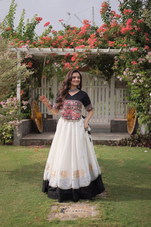 White Embroidered with Mirror Lace Work Silk Lehenga (ACA8968)