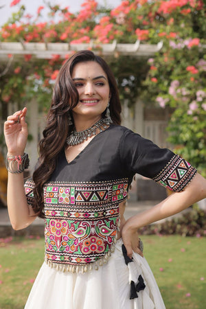 White Embroidered with Mirror Lace Work Silk Lehenga (ACA8968)