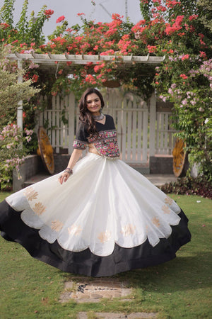 White Embroidered with Mirror Lace Work Silk Lehenga (ACA8968)