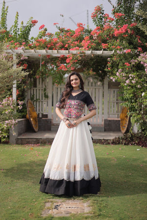 White Embroidered with Mirror Lace Work Silk Lehenga (ACA8968)