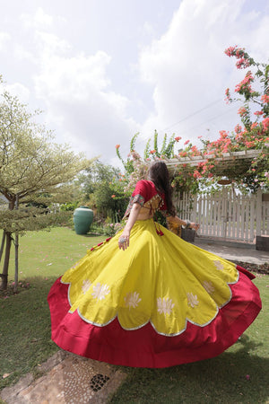 Yellow Embroidered with Mirror Lace Work Silk Lehenga (ACA8969)
