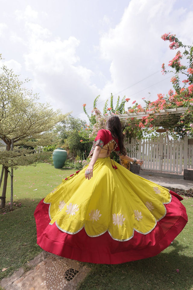 Yellow Embroidered with Mirror Lace Work Silk Lehenga (ACA8969)