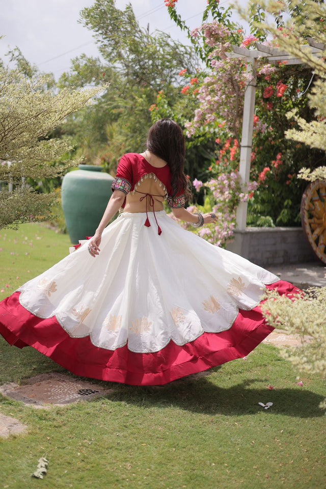 White Embroidered with Mirror Lace Work Silk Lehenga (ACA8970)
