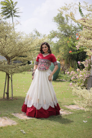 White Embroidered with Mirror Lace Work Silk Lehenga (ACA8970)