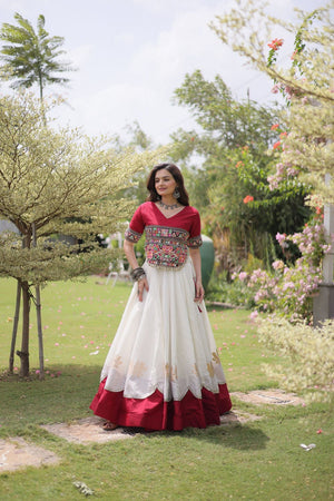 White Embroidered with Mirror Lace Work Silk Lehenga (ACA8970)