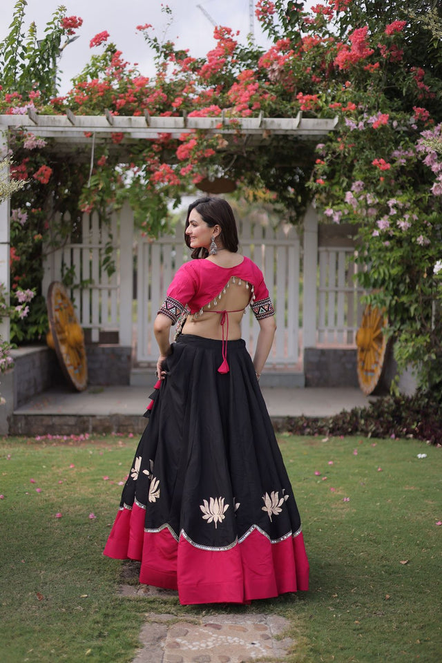 Black Embroidered with Mirror Lace Work Silk Lehenga (ACA8971)