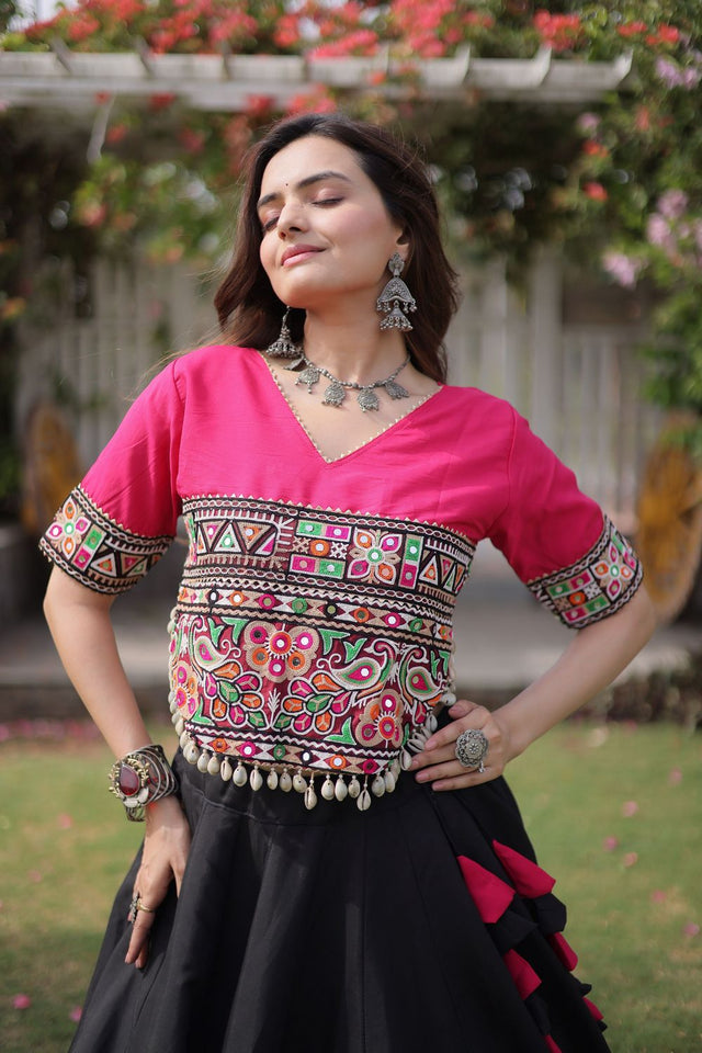 Black Embroidered with Mirror Lace Work Silk Lehenga (ACA8971)
