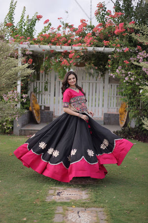 Black Embroidered with Mirror Lace Work Silk Lehenga (ACA8971)