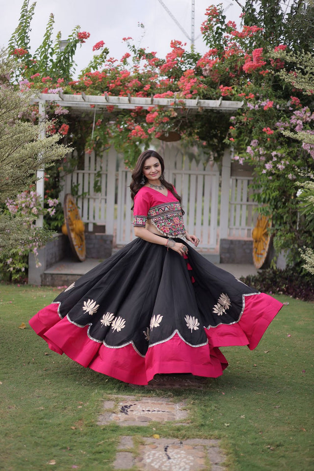 Black Embroidered with Mirror Lace Work Silk Lehenga (ACA8971)