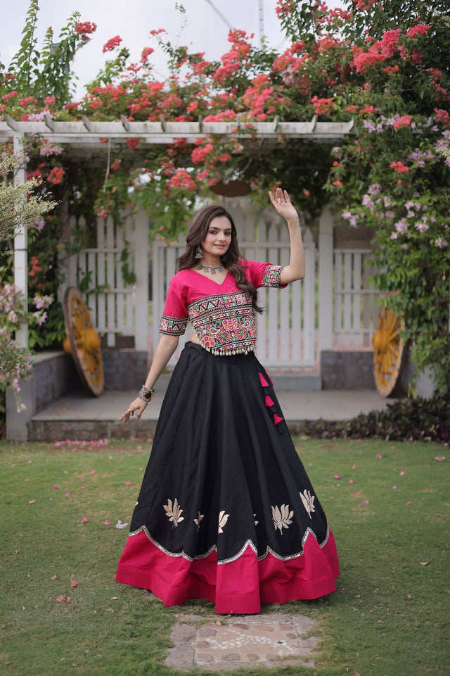 Black Embroidered with Mirror Lace Work Silk Lehenga (ACA8971)