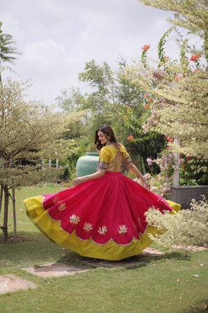Pink Embroidered with Mirror Lace Work Silk Lehenga (ACA8972)