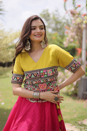 Pink Embroidered with Mirror Lace Work Silk Lehenga (ACA8972)