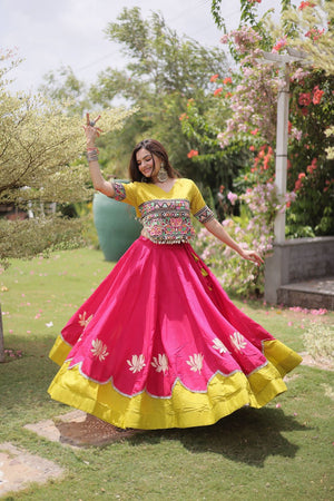 Pink Embroidered with Mirror Lace Work Silk Lehenga (ACA8972)