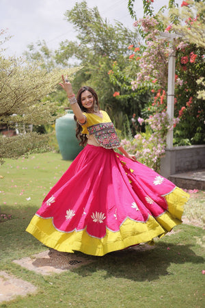Pink Embroidered with Mirror Lace Work Silk Lehenga (ACA8972)