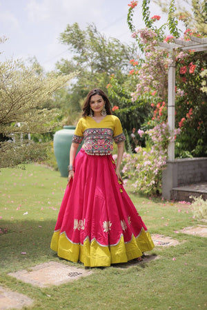 Pink Embroidered with Mirror Lace Work Silk Lehenga (ACA8972)